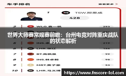 世界大师赛常规赛前瞻：台州电竞对阵重庆战队的状态解析